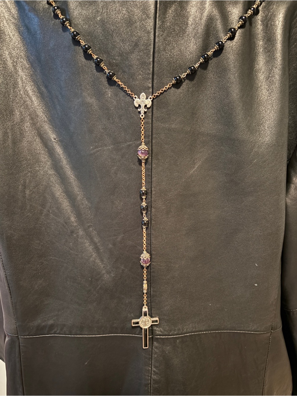 Rosary Style Cross Necklace with Black Beads and Purple Accents